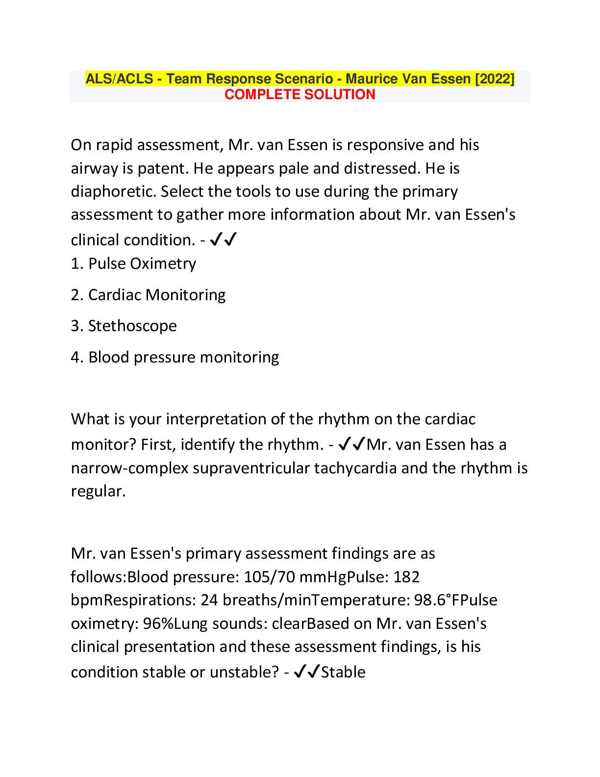 Preview image for ALS/ACLS - Team Response Scenario - Maurice Van Essen [2022] COMPLETE SOLUTION